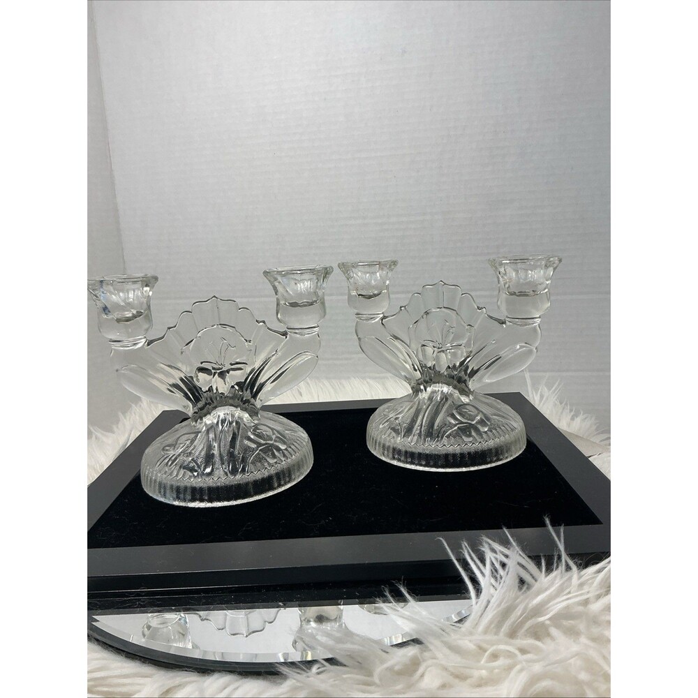 Two Vintage Jeanette Glass Double Taper Candlesticks Iris & Herringbone Pattern